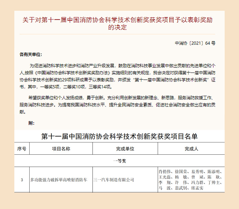 三一多功能强力破拆举高喷射消防车荣获科学技术创新奖一等奖